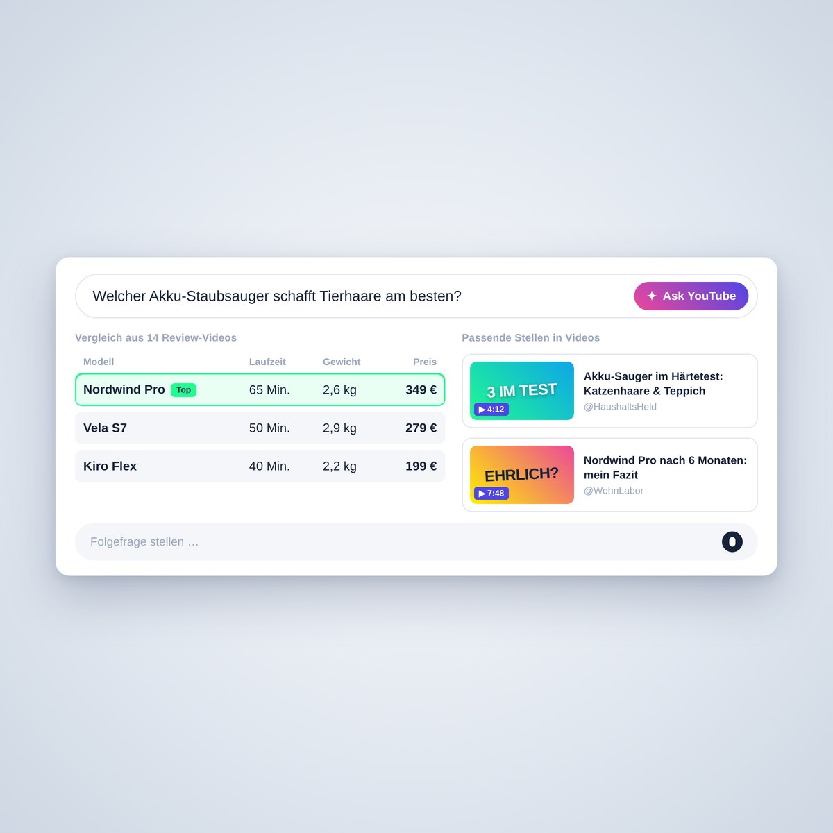 Ask YouTube: So landen Marken in den KI-Antworten von YouTube - ask youtube marken Ask YouTube Mockup: KI-Antwort auf eine Produktfrage mit Vergleichstabelle aus Review-Videos und Clips an der passenden Stelle
