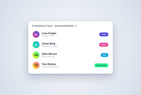 Team-Übersicht eines YouTube-Kanals mit Rollen Regie, Skript, Edit und Community