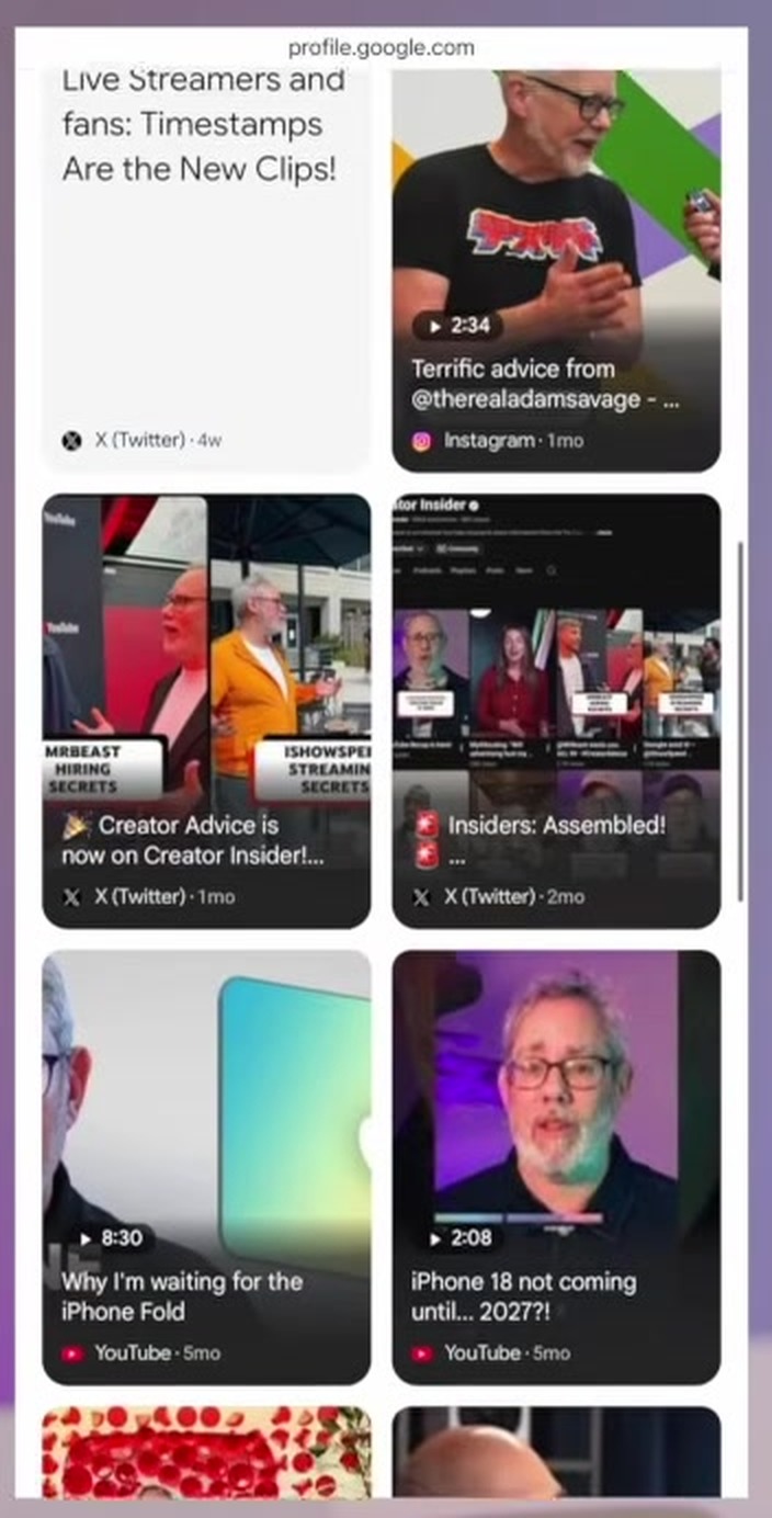 Google Search Profiles ab 35.000 Followern und Copyright-Mails für Channel Manager: die YouTube-Updates für Marken - google search profile creator seite Google Search Profile eines Creators mit Beiträgen aus YouTube, Instagram und X