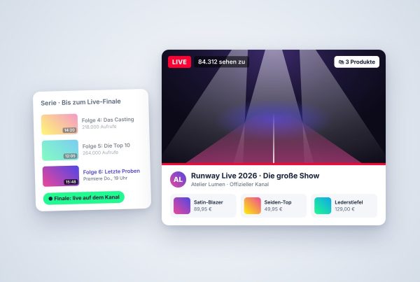 Mockup eines YouTube-Livestreams einer Modenschau mit Produkt-Tags und einer Vorlauf-Serie bis zum Live-Finale