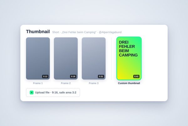 YouTube-Studio-Ansicht mit drei vorgeschlagenen Shorts-Frames und einem eigenen Custom Thumbnail