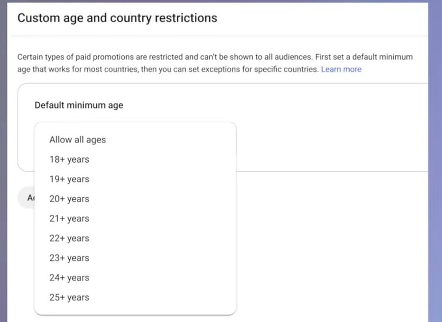 YouTube Studio mit Custom age and country restrictions und Auswahl des Default minimum age