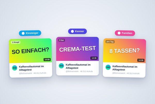 Dynamische Thumbnails auf YouTube: Mockup mit drei Thumbnail-Varianten desselben Videos, jeweils für die Zielgruppen Einsteiger, Kenner und Familien