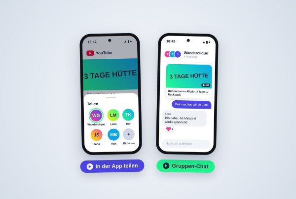 Zwei Smartphones: Teilen-Menü der YouTube-App mit Kontakten und ein Gruppen-Chat mit geteiltem Video