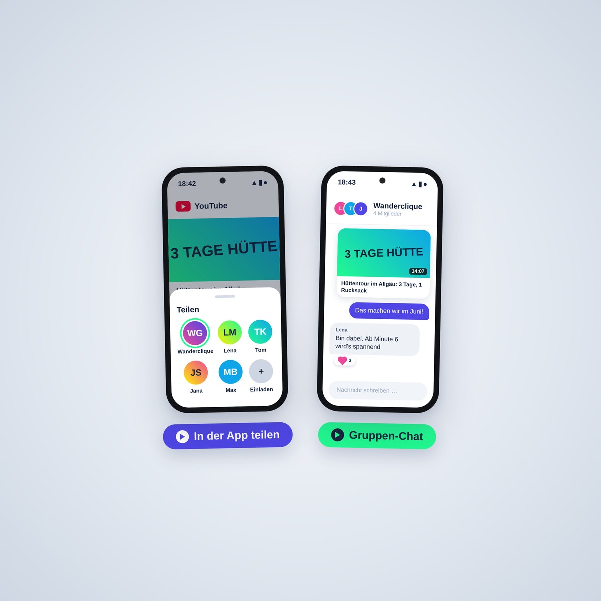 Zwei Smartphones: Teilen-Menü der YouTube-App mit Kontakten und ein Gruppen-Chat mit geteiltem Video