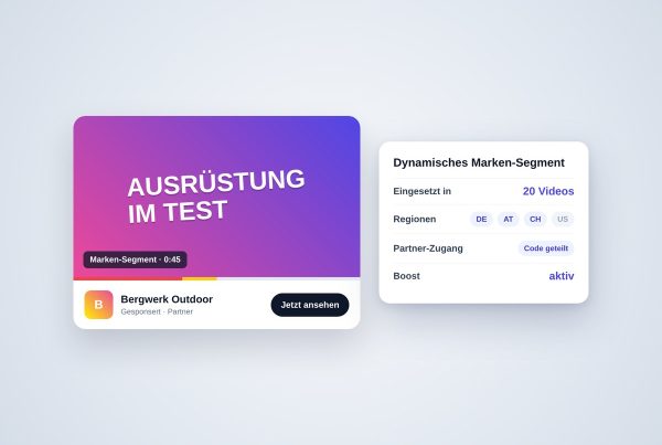 Mockup eines YouTube-Videos mit dynamischem Marken-Segment, Marken-Shelf mit Call-to-Action und Einstellungen für 20 Videos und Regionen DE, AT, CH