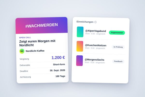 Open-Call-Briefing einer Marke mit Vergütung und Deadline neben den eingereichten Shorts von Creatorn