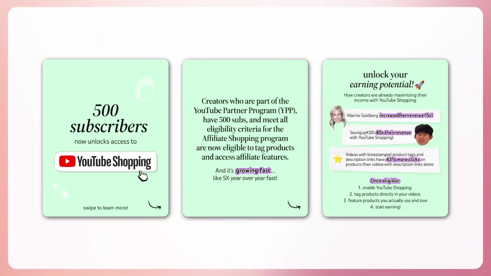 YouTube Creator Partnerships und Affiliate ab 500 Abonnenten: das ändert sich für Marken - youtube shopping affiliate programm 500 abos infokarten YouTube Shopping Affiliate-Programm ab 500 Abonnenten