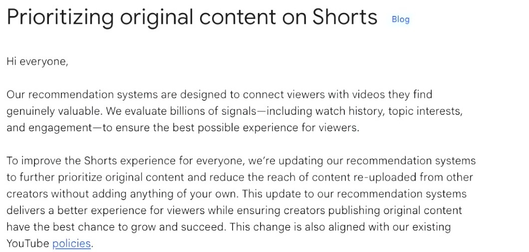 YouTube-Ankündigung Prioritizing original content on Shorts zur geringeren Reichweite für re-uploadete Shorts
