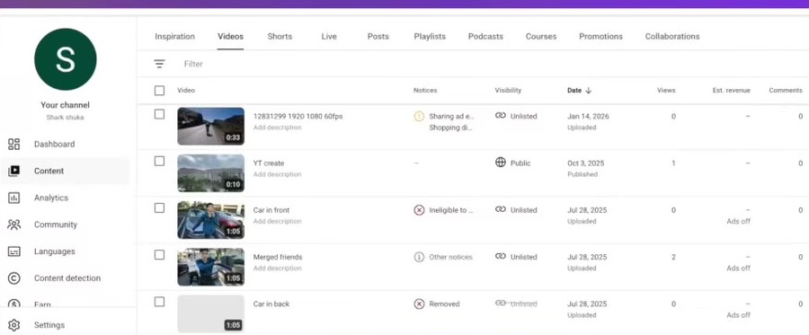 Content-Tab im YouTube Studio mit Notices-Spalte und geschätztem Umsatz