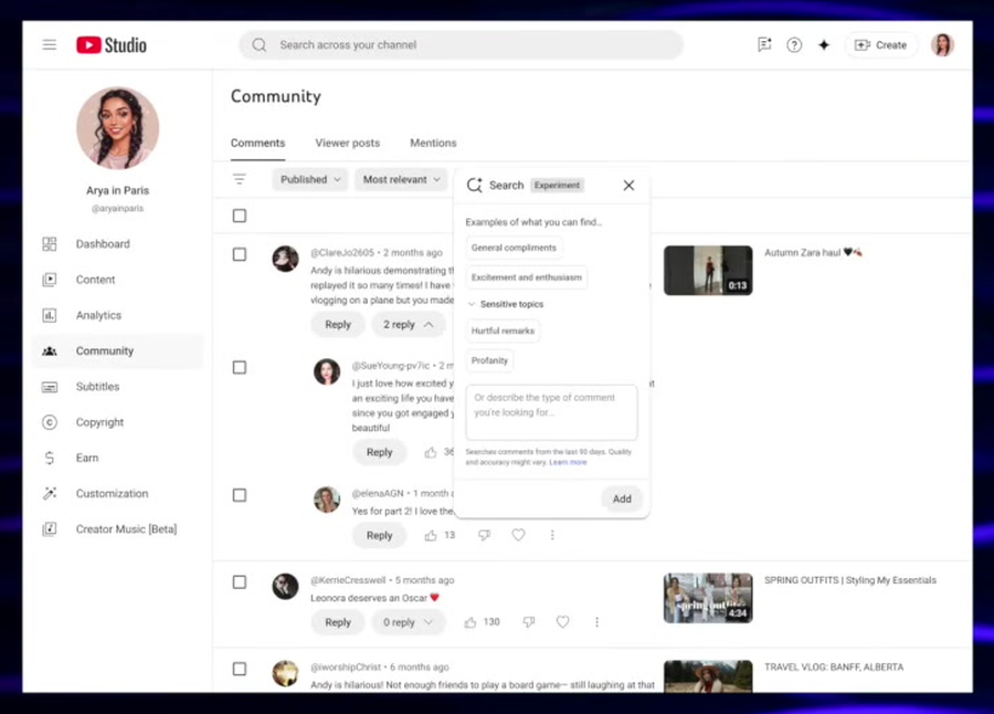 YouTube-Updates im Mai: Benachrichtigungen, KI-Instrumentals und Kommentarsuche - youtube studio kommentarsuche nach bedeutung Semantische Kommentarsuche im YouTube Studio Desktop